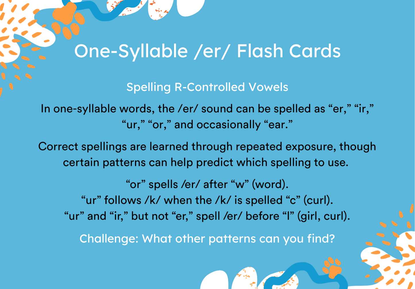 Spelling Flash Cards: One-Syllable /er/ words